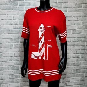Vintage 80s 90s Red‎ White Knit LightHouse Beach Nautical Short Sleeve Top